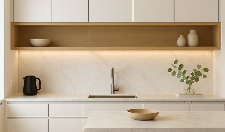 Warm wood shelving and a custom kitchen