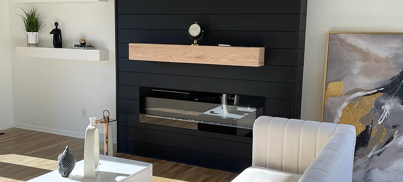 Wood mantel and shelves in a contemporary living room